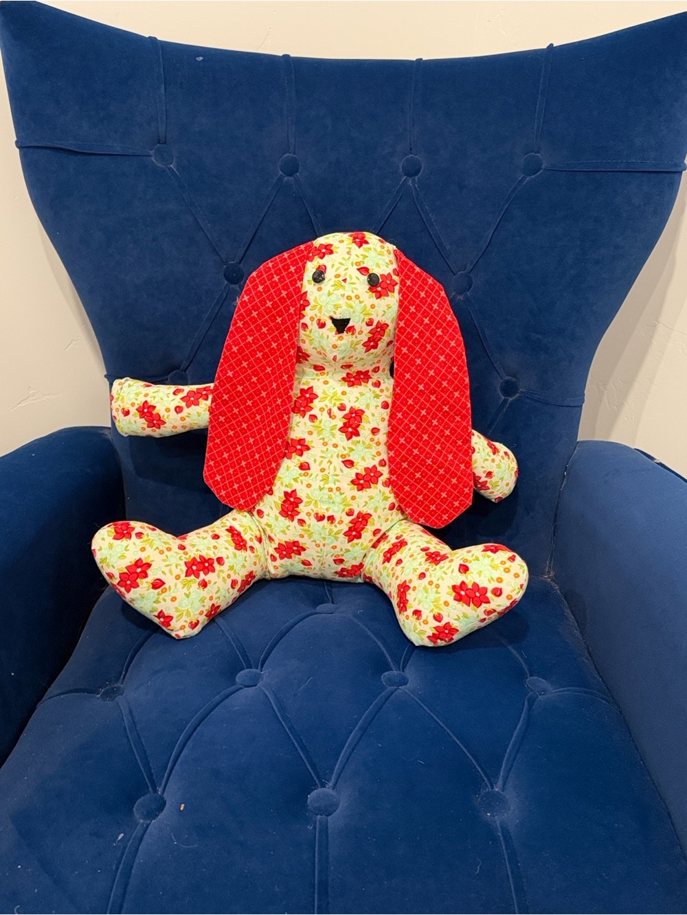 Handmade Floral Bunny Plush with Red Ears